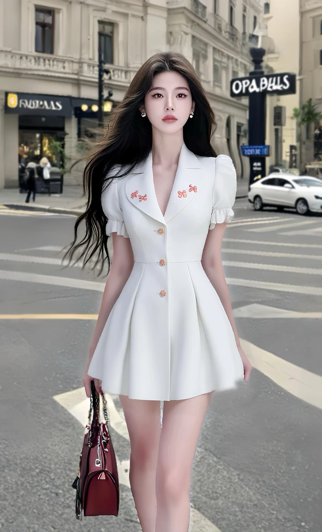 夏季新款2025温柔知性白色V领收腰短袖轻奢优雅氛围感连衣裙子女