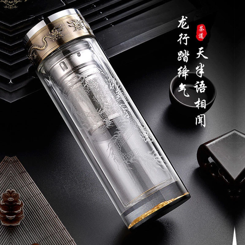高端玻璃杯双层金龙茶杯泡茶水杯便携耐热送礼品男士泡茶商务杯