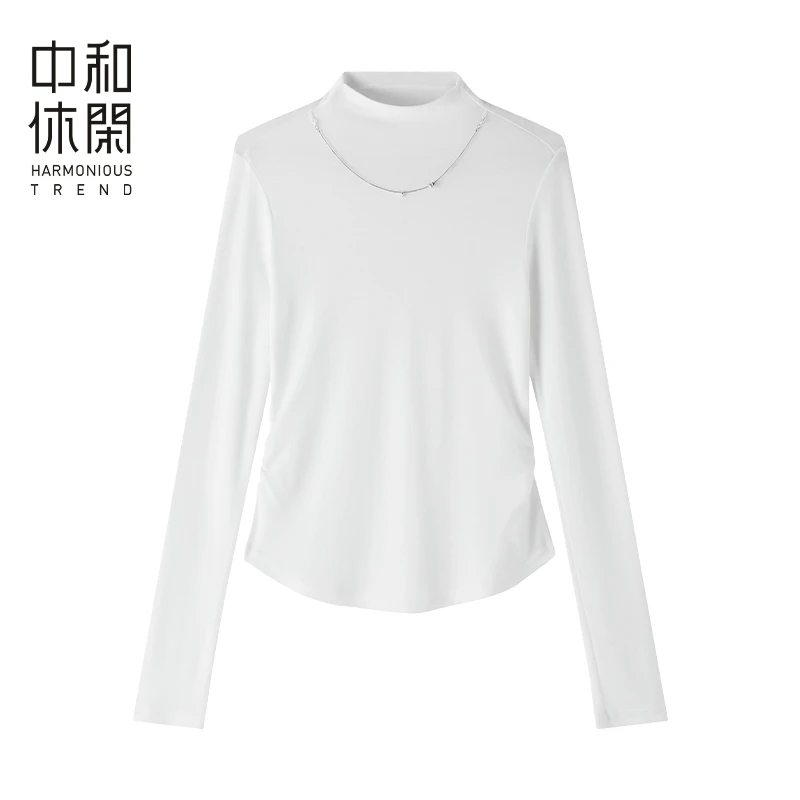 中和休闲半高领打底衫女2025春季新款白色修身T恤收腰上衣挂链潮