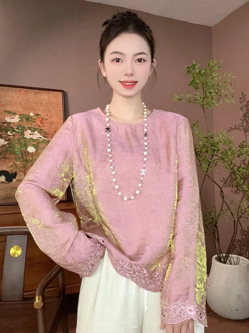 秋季新中式国风浮光锦长袖衬衫女时尚气质复古百搭镂空刺绣小衫女