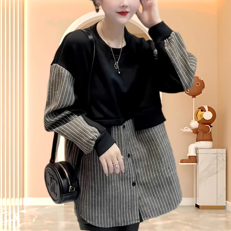 早秋慵懒风T恤正肩圆领长袖t恤女2025新款爆款复古拼接撞色上衣