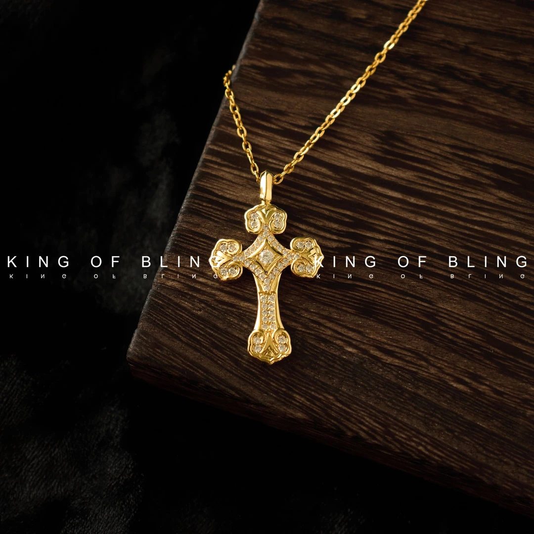 铜合金合成锆石吊坠 国风传统柿蒂纹十字架吊坠项链镶嵌经典