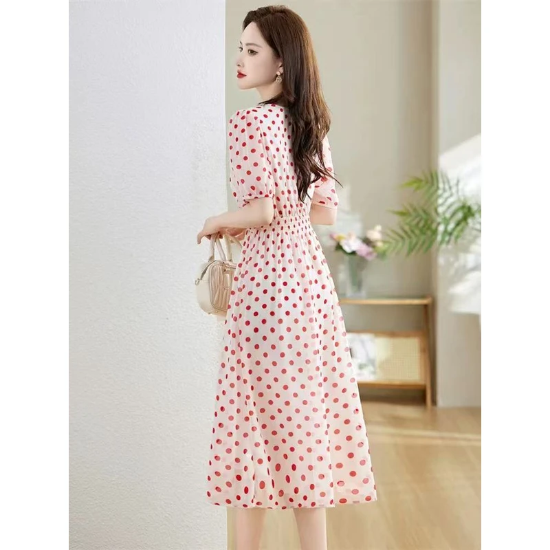 J672法式波点连衣裙女夏季新款高级感气质收腰显瘦中长款洋气减龄