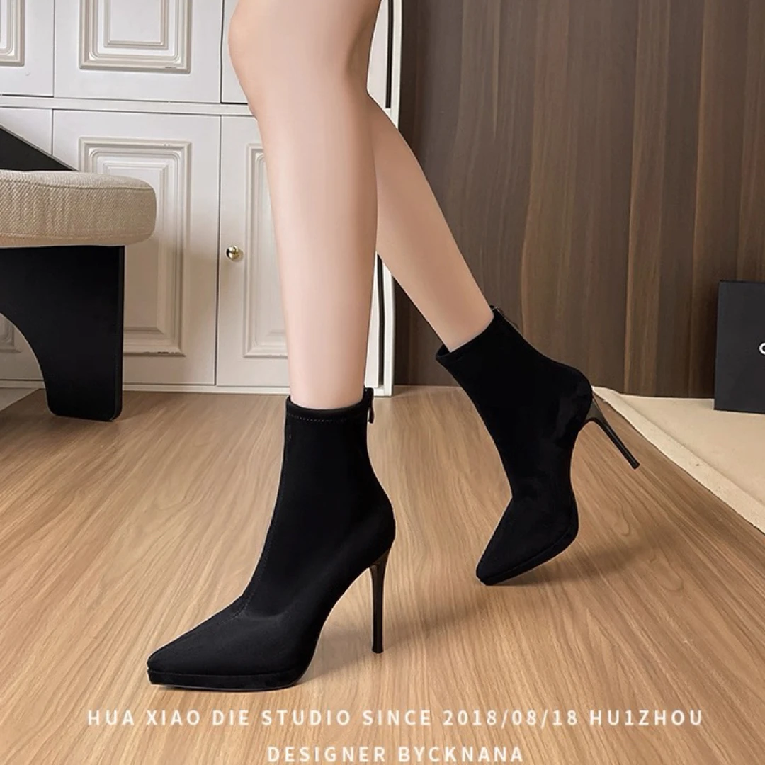 绒面尖头细跟防水台高跟短靴女2025秋冬新款性感百搭弹力瘦瘦靴子