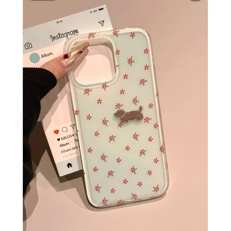 薄荷绿满屏小红花适用苹果16手机壳13保护壳日韩15PRO滴胶15/14新