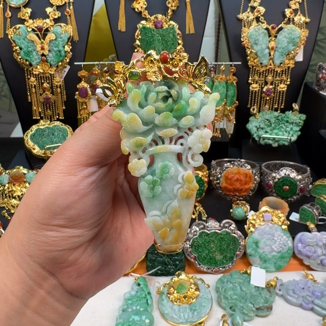 翡翠银S925镀金镶嵌颈饰吊坠炸价