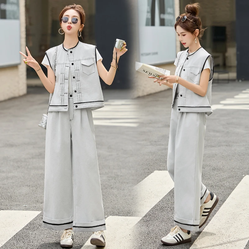 韩系牛仔马甲背心套装女2025夏季新款设计感短袖休闲阔腿裤三件套