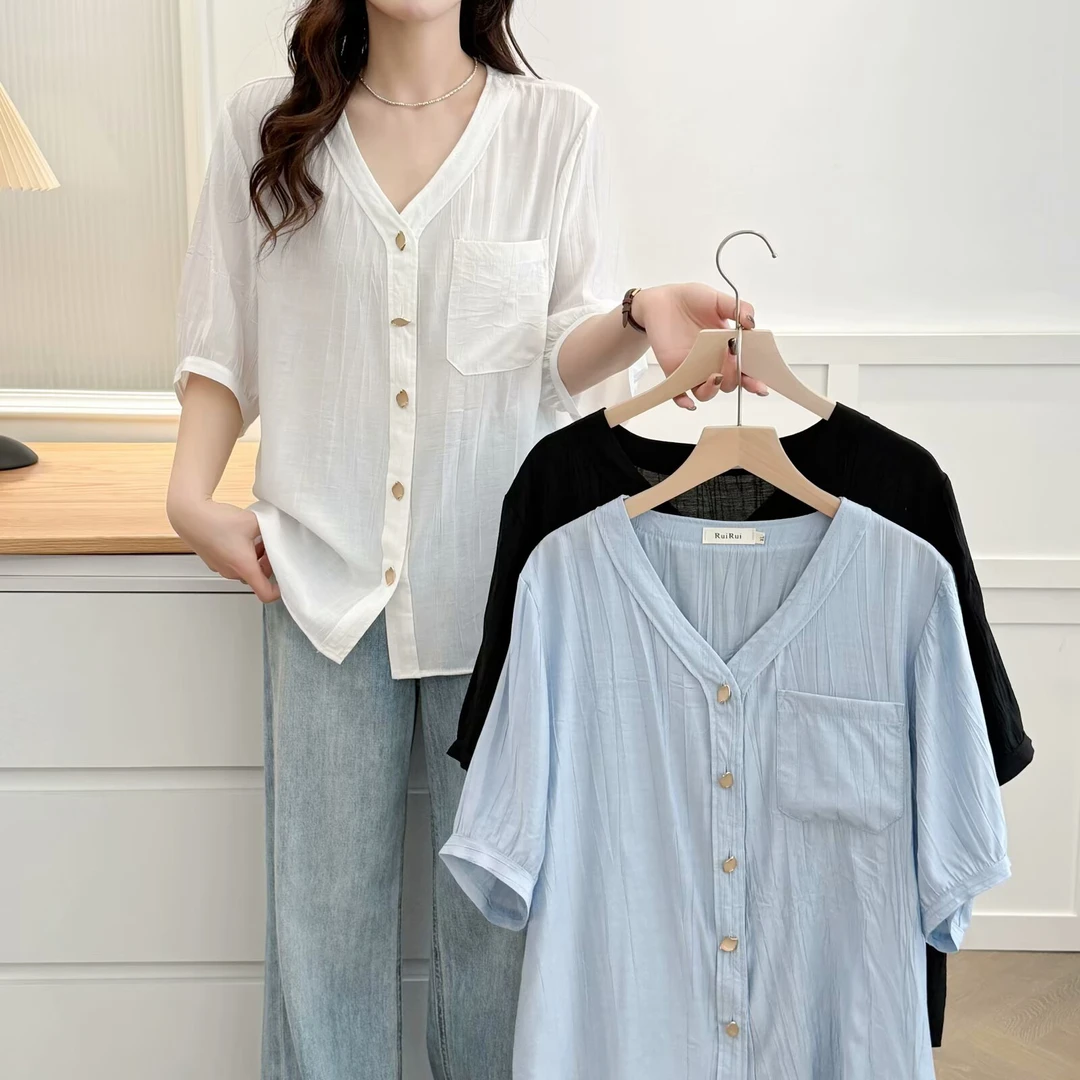 大码衬衫女2025新款夏季中袖轻薄防晒开衫衬衣胖mm休闲小衫上衣