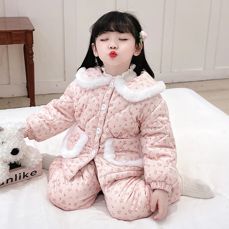 女童小碎花夹棉加厚睡衣儿童可爱网红女宝冬季保暖家居服棉袄套装