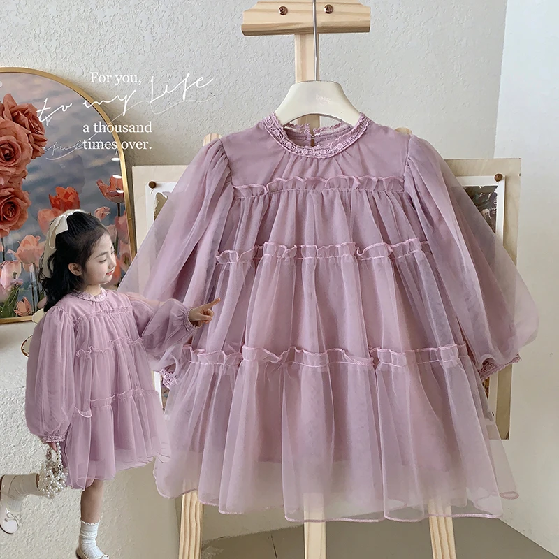 春秋“草莓慕斯”韩版女童泡泡袖拼接网纱公主连衣裙 A5803  35