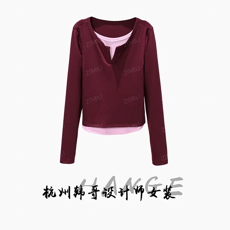 【韩哥女装】2025设计师新款意式波尔多红撞色假两件休闲打底衫6023