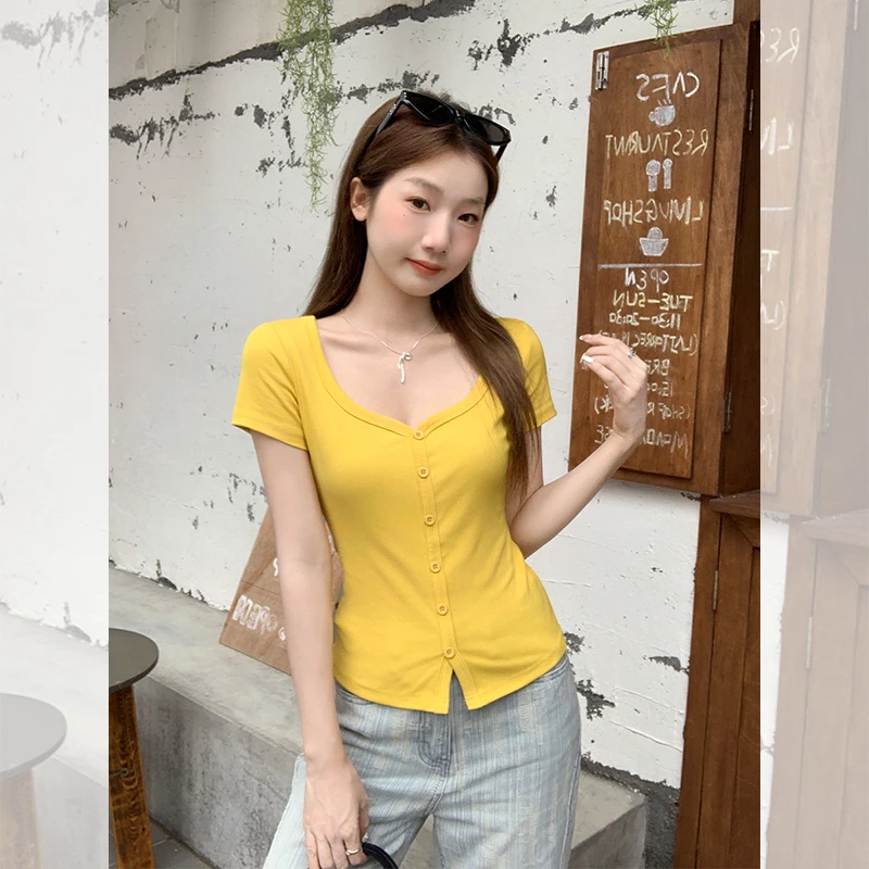 黄色多巴胺短款短袖韩系chic别致T恤小上衣女2025夏季新款