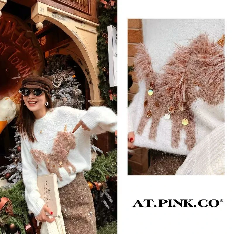 【元旦特供】新年鸿运马亮片拉毛针织衫套头加厚女保暖毛衣 FY423