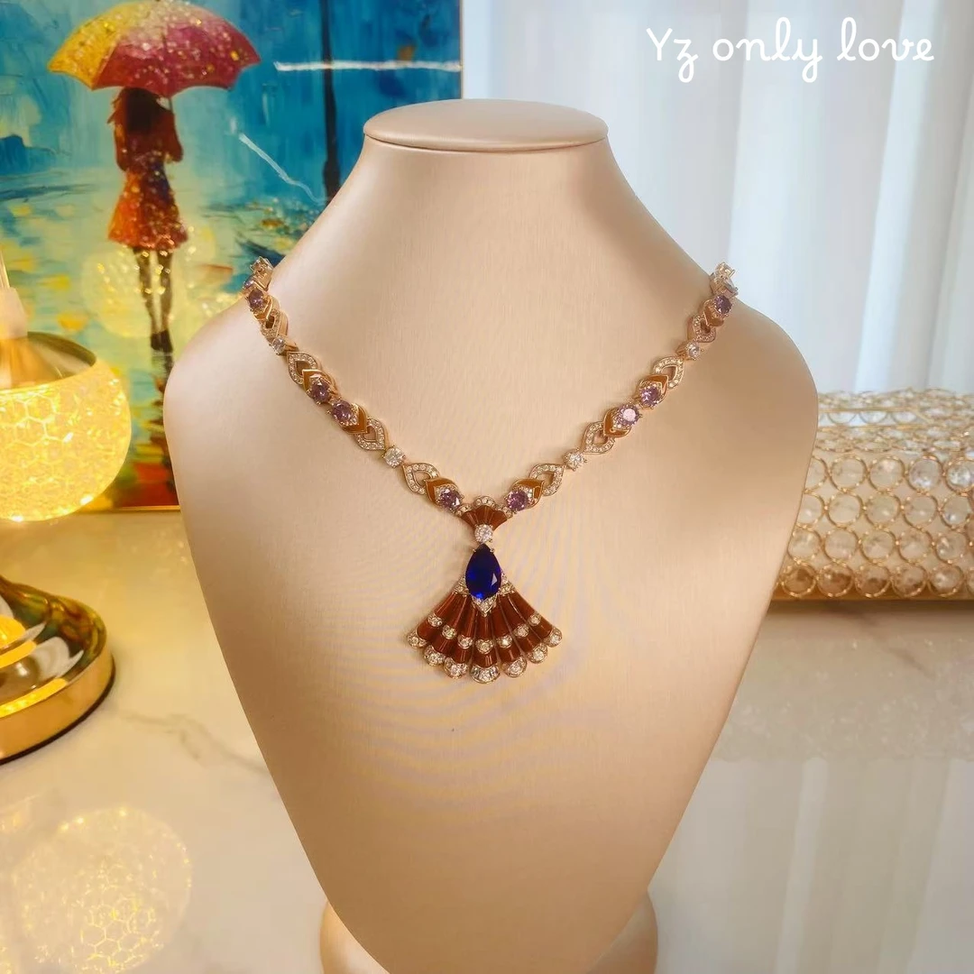 铜合金锆石项链 D051《佳禾》欧美瑞丽奢华多彩色扇子项链