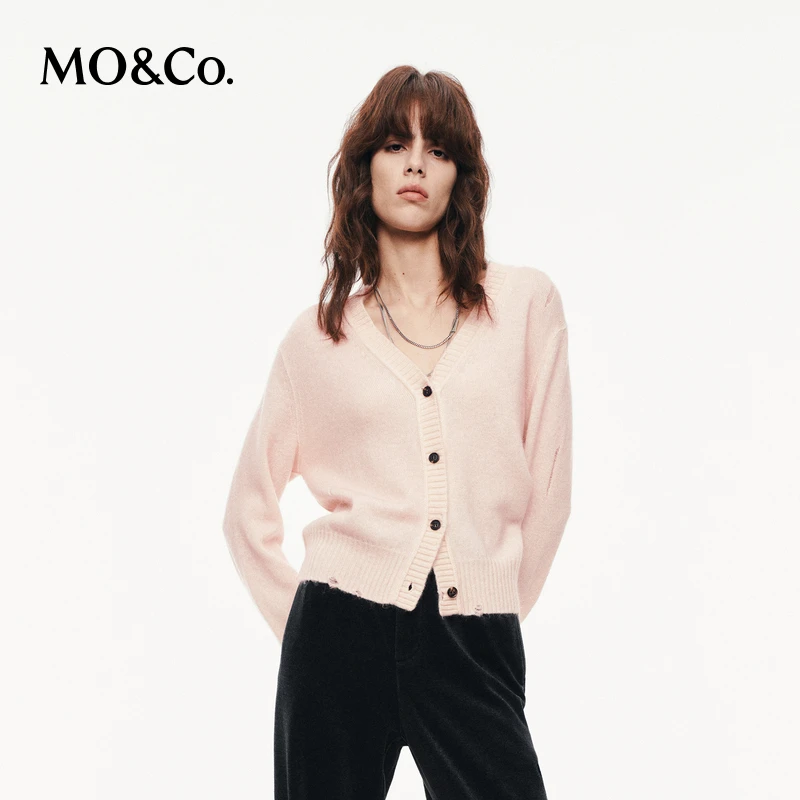 MOCO针织开衫2025秋新品含绵羊毛马海毛V领破洞毛边MBE3CART12