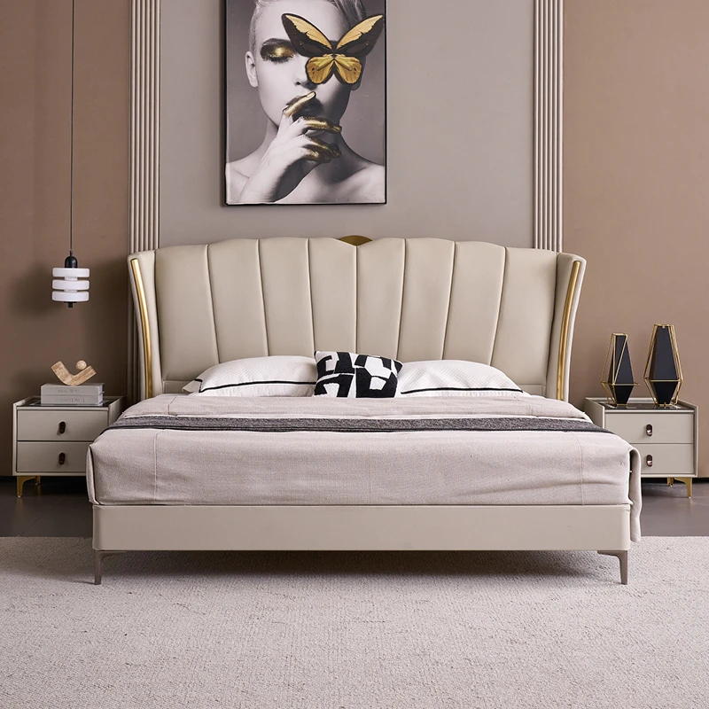 903#头层牛皮轻奢家用简约北欧意式储物主卧室主卧室极简大床高箱