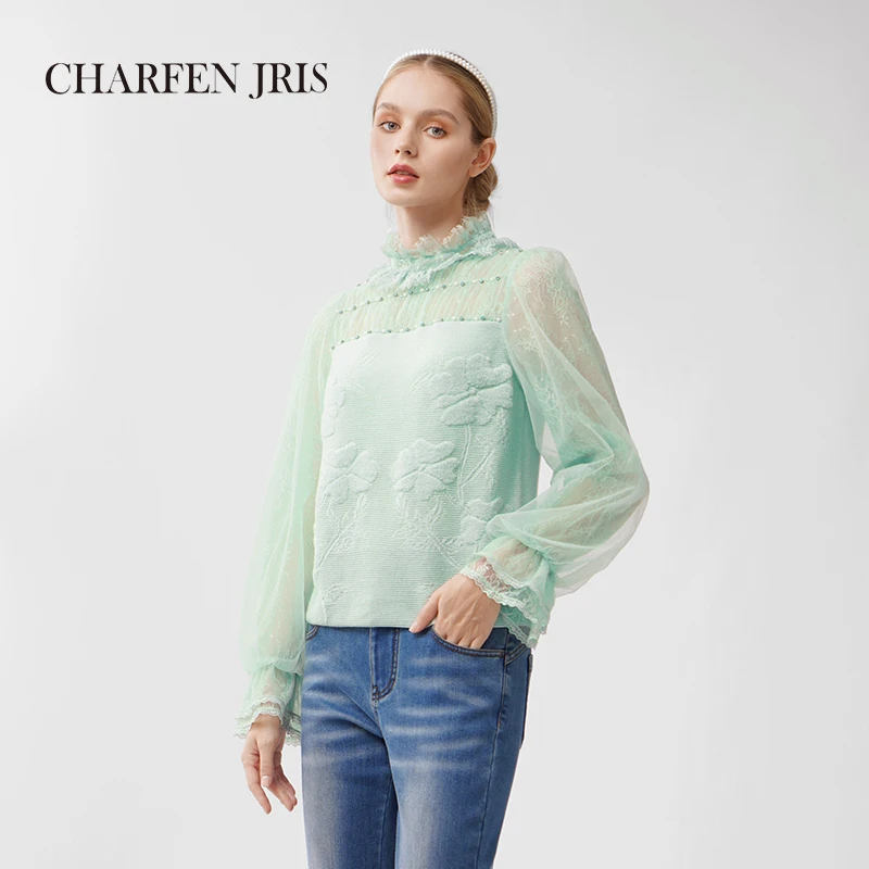 【媛媛专享】朝峰秋冬气质蕾丝拼接毛织长袖衬衫FJE5E677-6098C