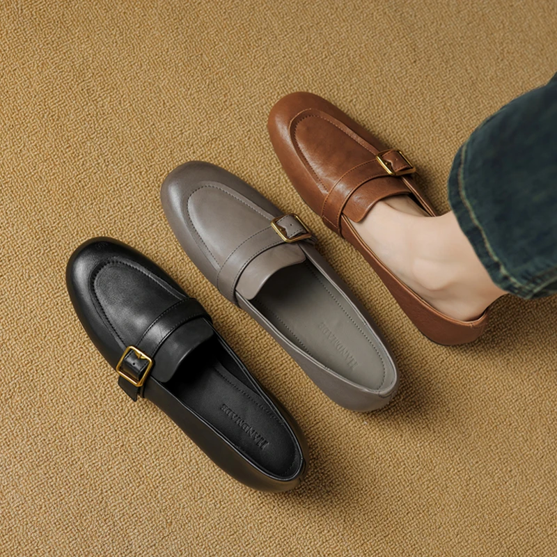 圆头乐福鞋女上班族软底单鞋舒适平跟英伦风小皮鞋百搭真皮手工鞋