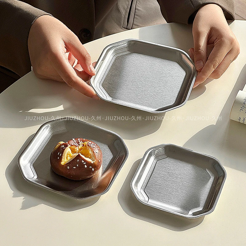 韩式ins简约不锈钢方形托盘家用小菜碟早餐盘子咖啡店甜品盘餐盘