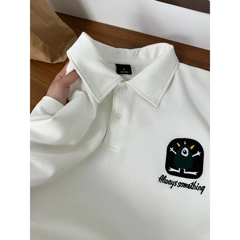 卡通刺绣短袖polo衫男女款夏季防皱菠萝格重磅T恤宽松情侣五分袖