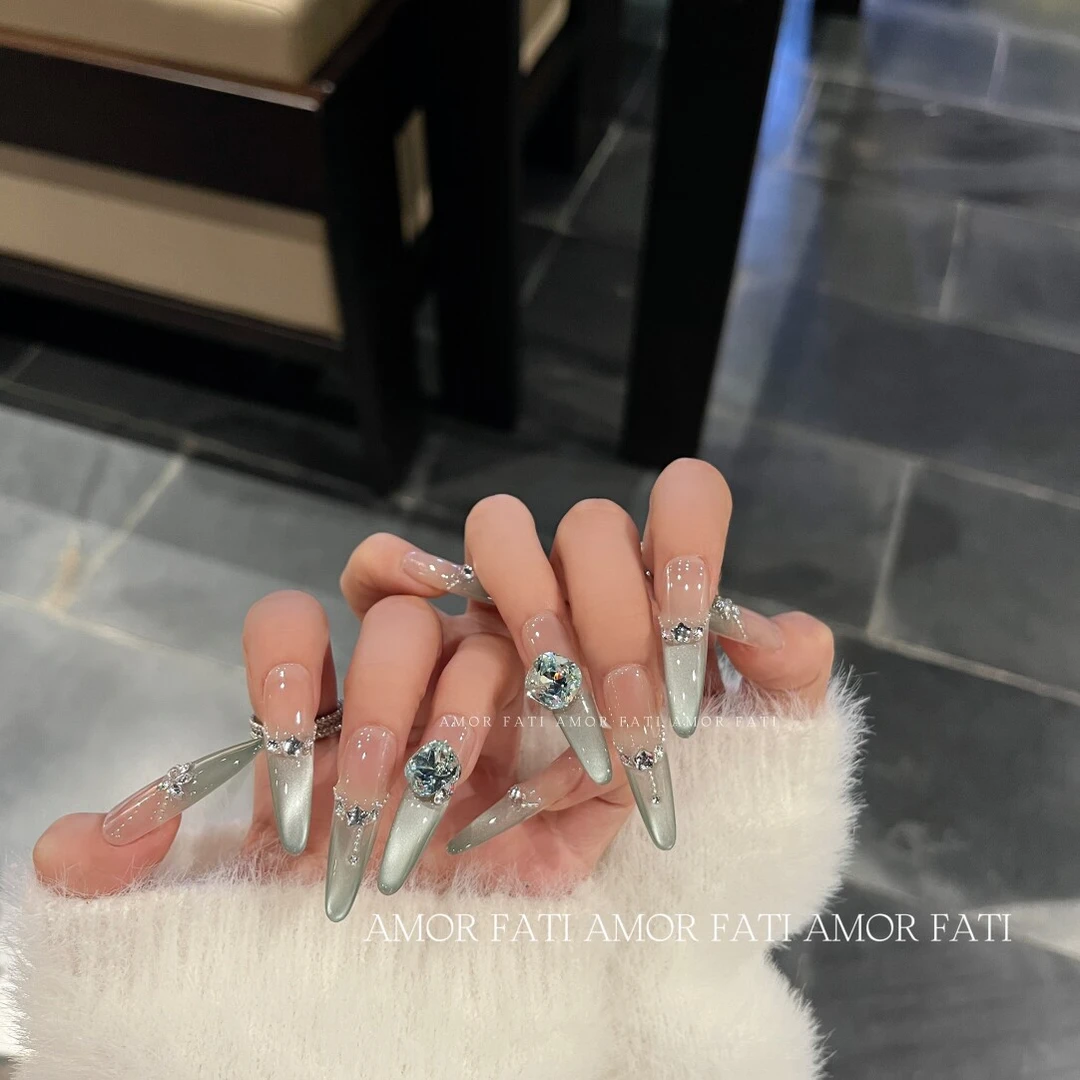 HERE纯手工【玻璃珠】纯手工春夏爆闪清新薄荷新款穿戴甲猫眼