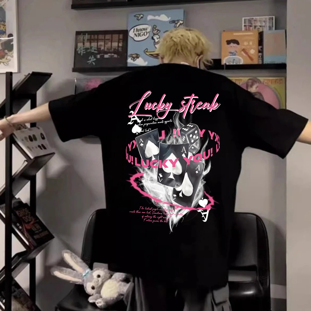 100%纯棉短袖复古创意扑克印花T恤国潮夏季宽松圆领街头百搭潮流i