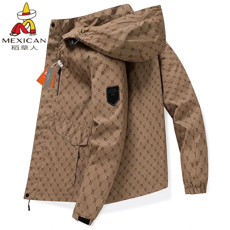 稻草人男士春季户外潮流时尚情侣印花外套女连帽宽松运动百搭夹克