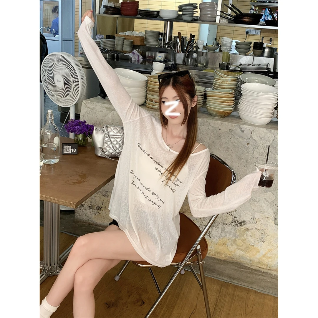 夏季美式慵懒风薄款微透罩衫T恤女街头百搭休闲宽松显瘦长袖上衣