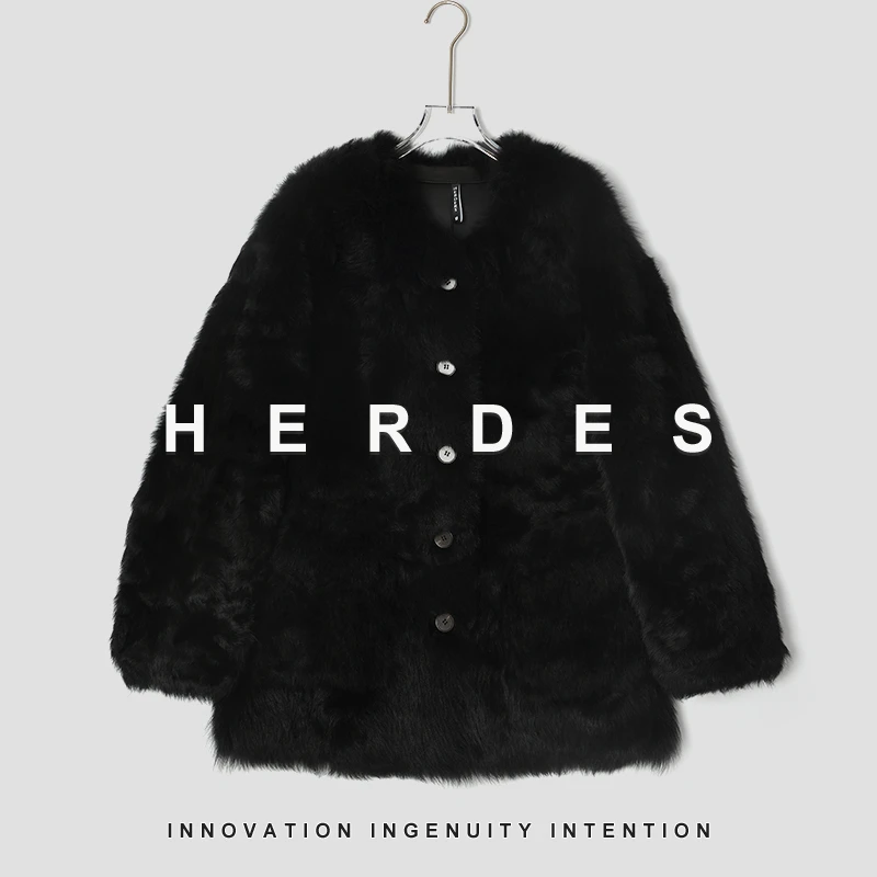 HERDERS 黑紫色潮流时尚皮草外套 40590