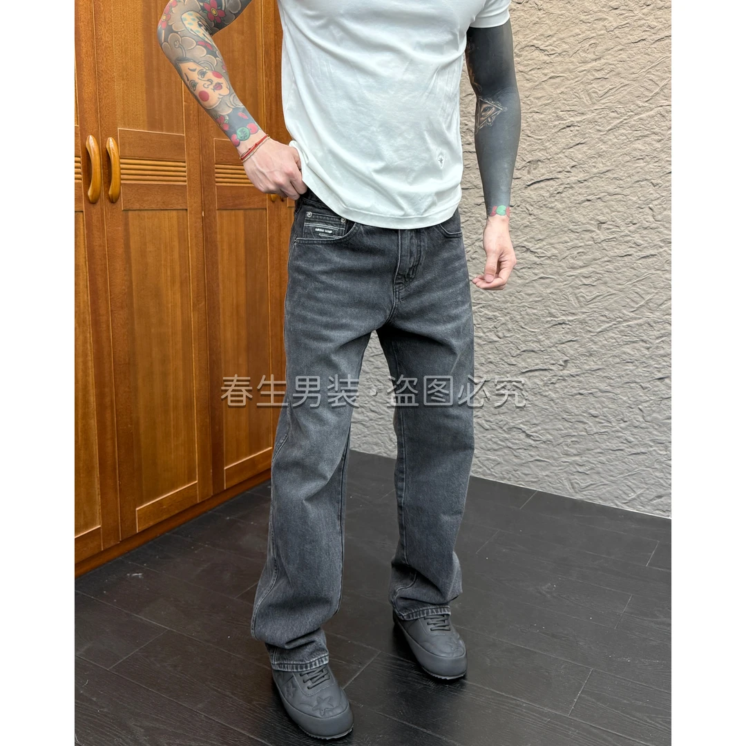 2025秋冬新款时尚休闲百搭净版直筒宽松黑灰色加绒牛仔裤50078