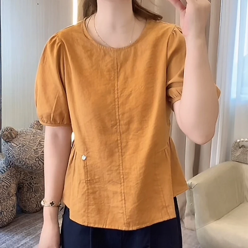 时尚休闲圆领套头小鱼尾摆泡泡袖上衣显瘦百搭2025新款夏款