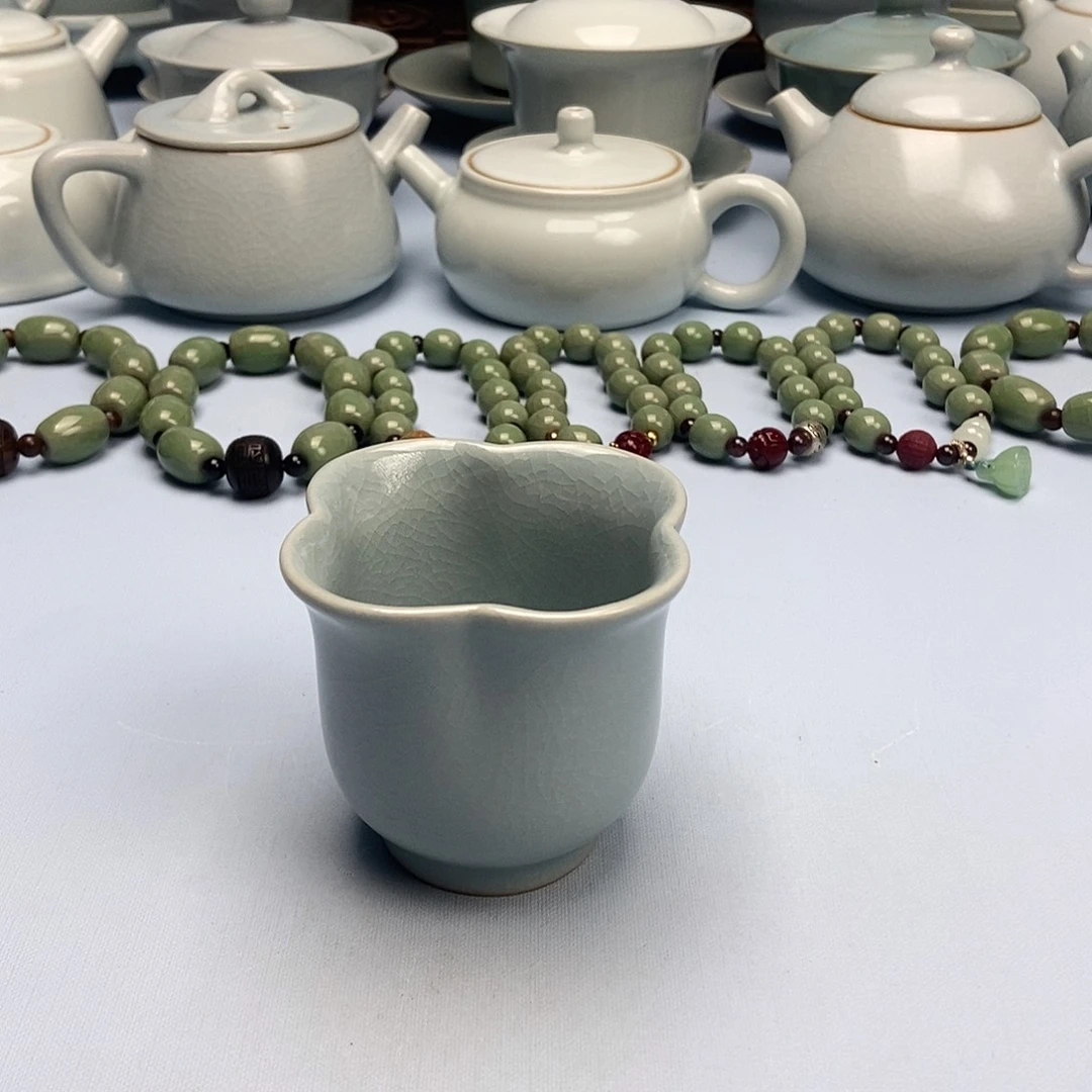 杯孤品微微瑕仿古天蓝釉梅花杯原矿原釉原产地