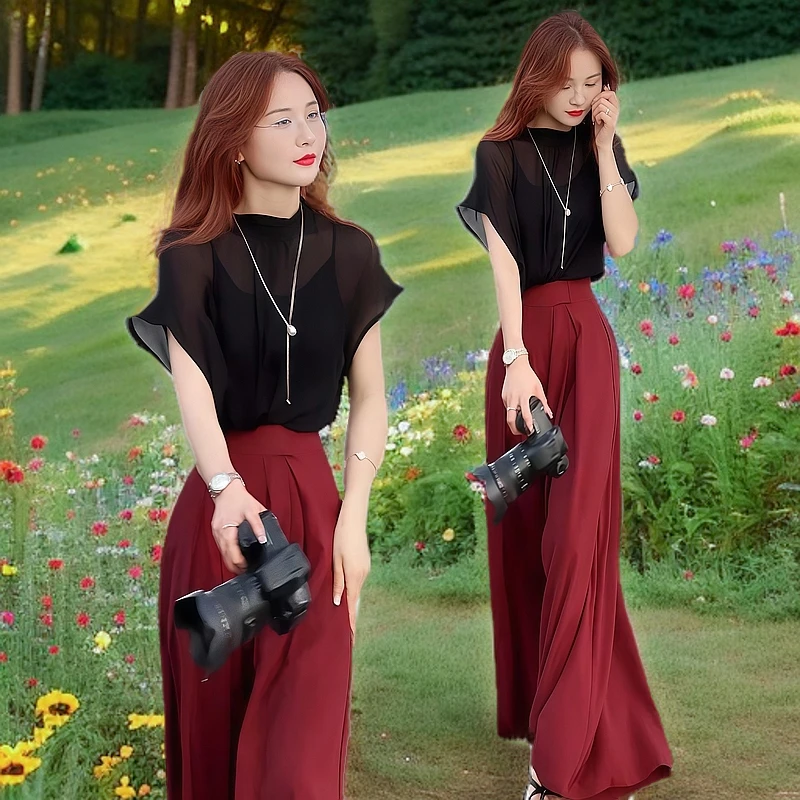 小众炸街高级感女装套装夏季新款修身显瘦雪纺衫两件套高腰阔腿裤