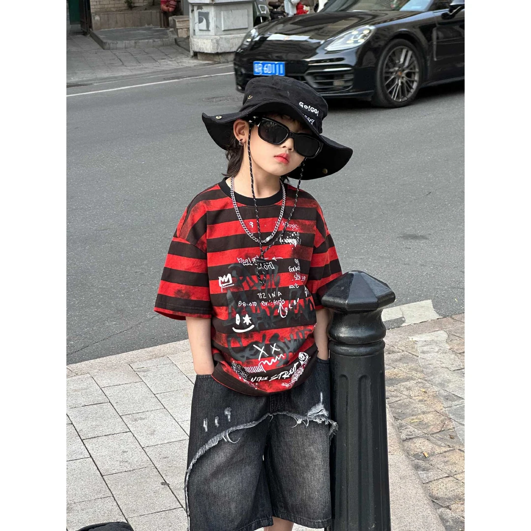 2025年夏季新款儿童T恤上衣男童中小童短袖上衣时尚百搭韩版潮酷