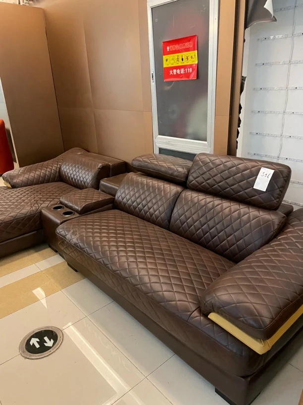 S56美式复古风简约沙发方几复古异形皮沙发意式