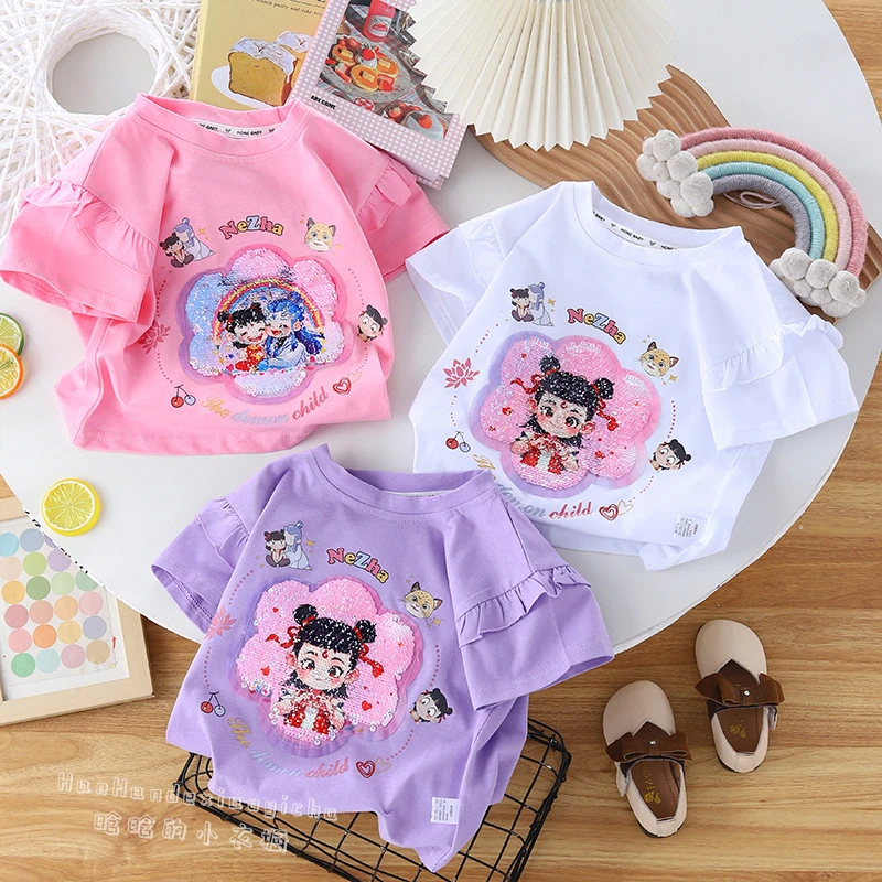 女童新款插肩夏季哪吒变换图案亮片库洛米短袖T恤夏季服装套装