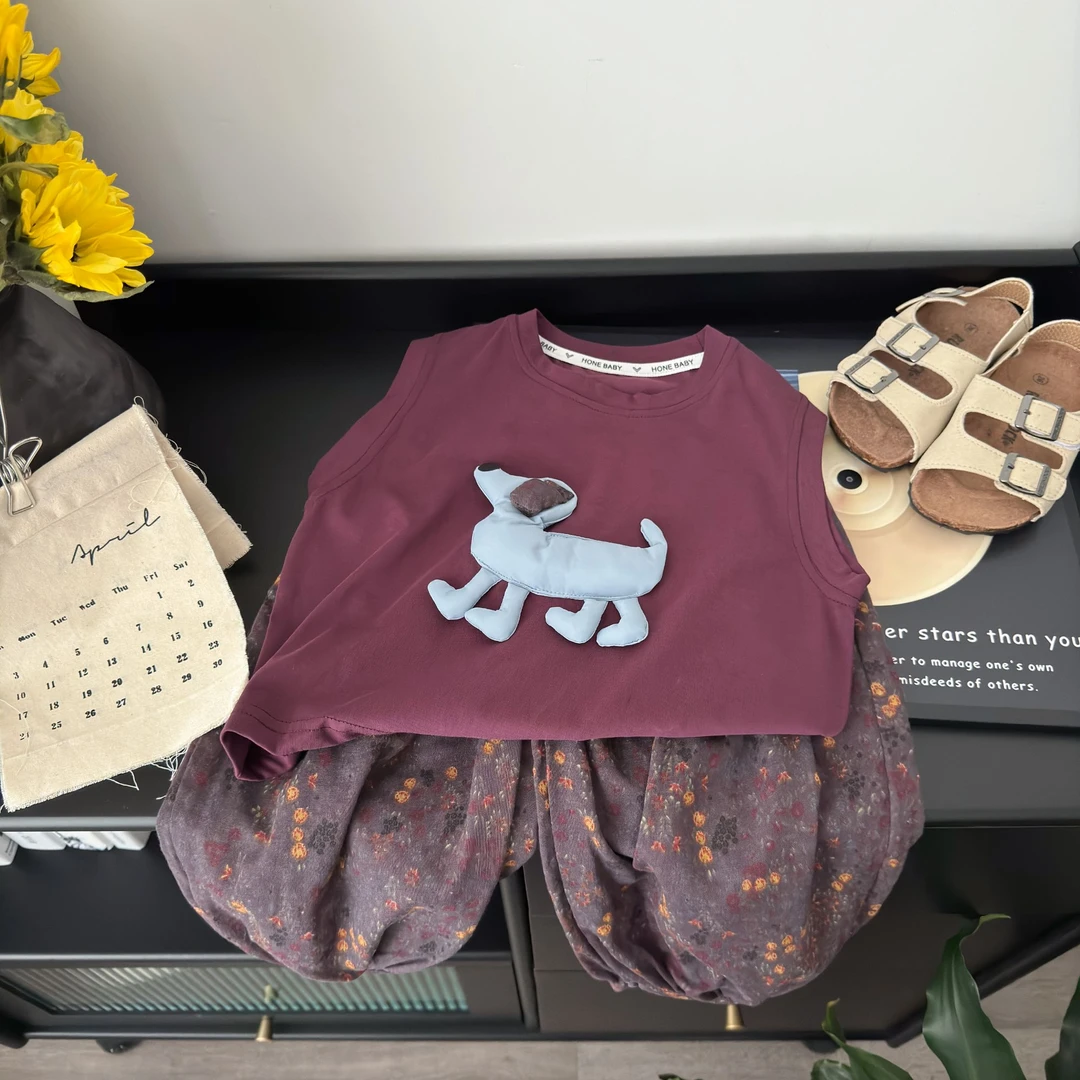 2025新款儿童时尚印花百搭休闲裤卡通无袖背心套装