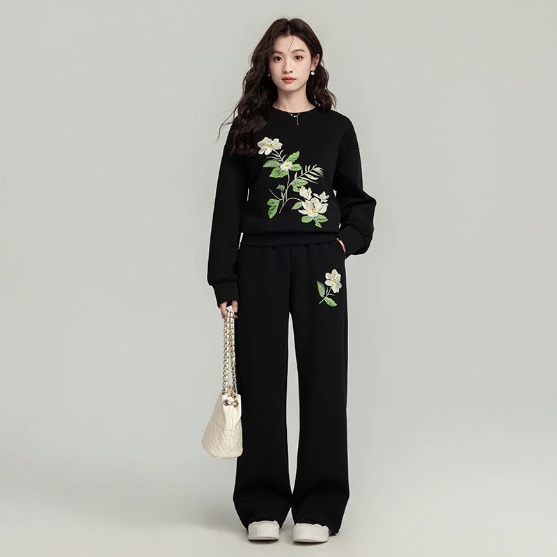 欧货重工刺绣卫衣休闲运动套装女春秋季2025新款设计感穿搭一整套