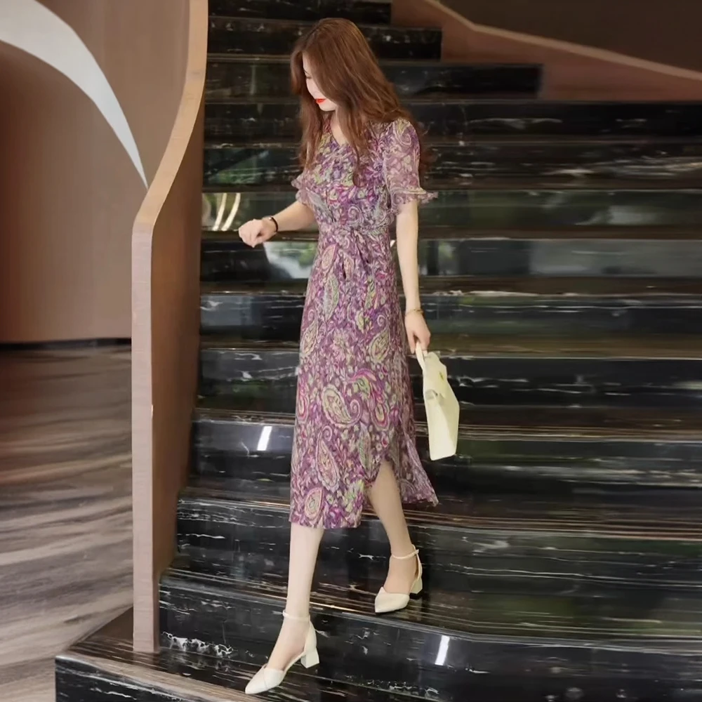 拉夏贝尔时尚洋气碎花后妈裙女2025夏新款遮肚子显瘦中长款雪纺裙