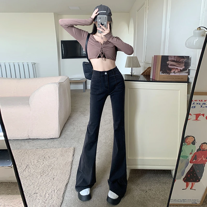 JS3195高腰弹力微喇牛仔裤女2025春季新款显瘦百搭马蹄裤女拖地裤