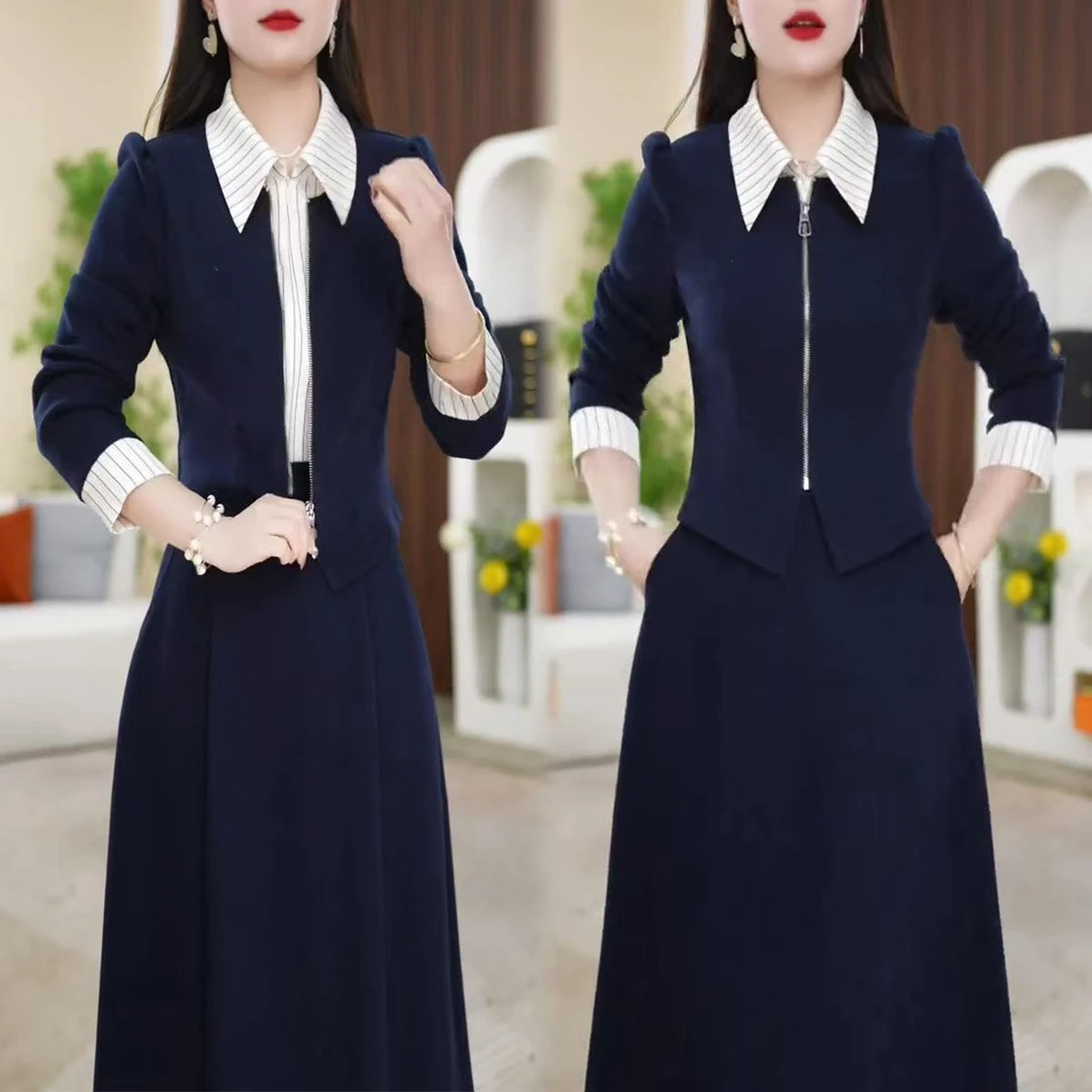 2025春季新款时尚长袖连衣裙女气质显瘦设计感翻领假两件休闲裙子