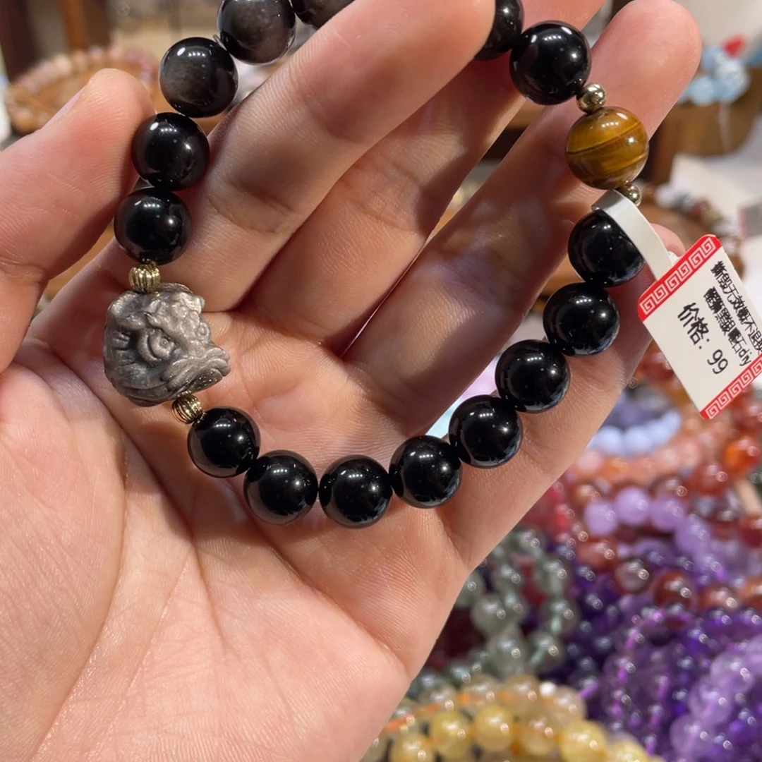 水晶手串未镶嵌黑曜石银曜石diy