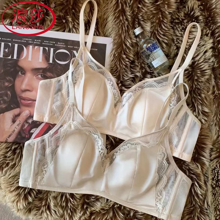 浪莎缎面复古蕾丝内衣女大胸显小桑蚕丝透气性感薄款兔耳朵杯文胸