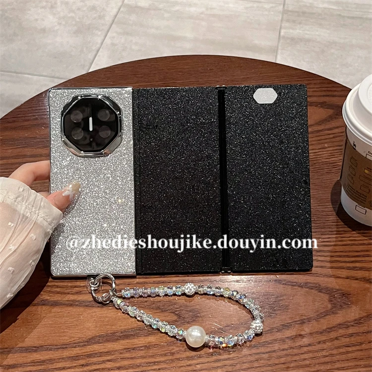 适用华为mate xt三折叠非凡大师手机壳高级闪粉皮纹链条超薄后壳