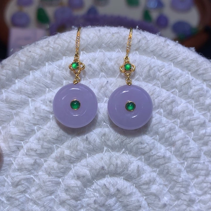 翡翠耳饰18K金镶嵌红粉春紫耳钩