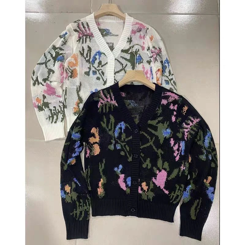 春秋新款女装慵懒针织百搭高级感显瘦提花复古花卉刺绣上衣