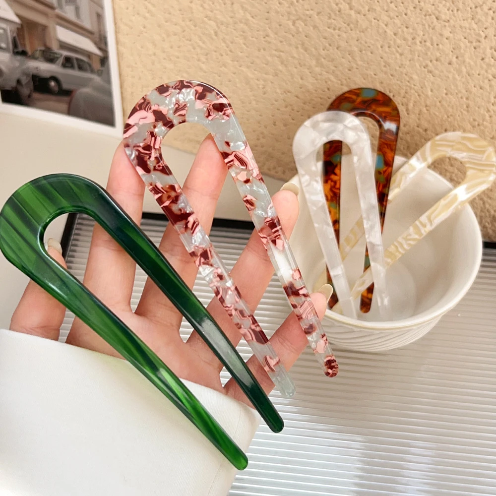 2025U型醋酸发簪插梳盘发夹复古风气质丸子头发钗无痕头饰品