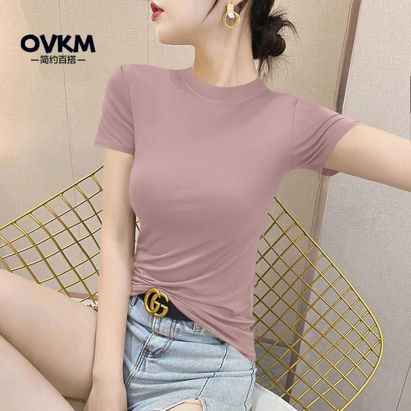 OVKM粉色正肩半高领莫代尔短袖T恤女夏 冰丝薄款紧身半袖面膜立领