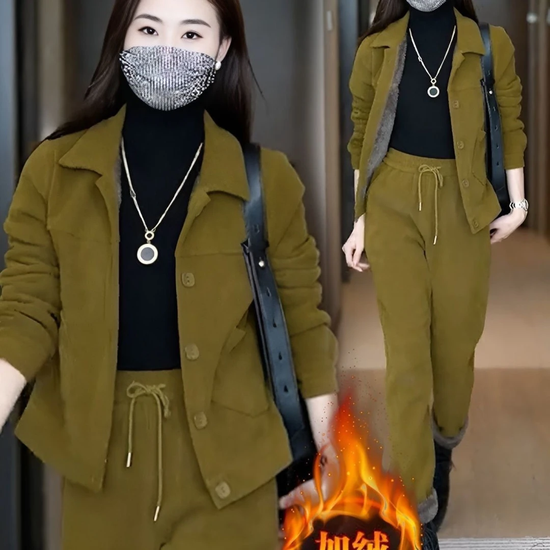 时尚加绒休闲运动套装女2025秋冬显瘦加绒洋气休闲百搭卫衣两件套