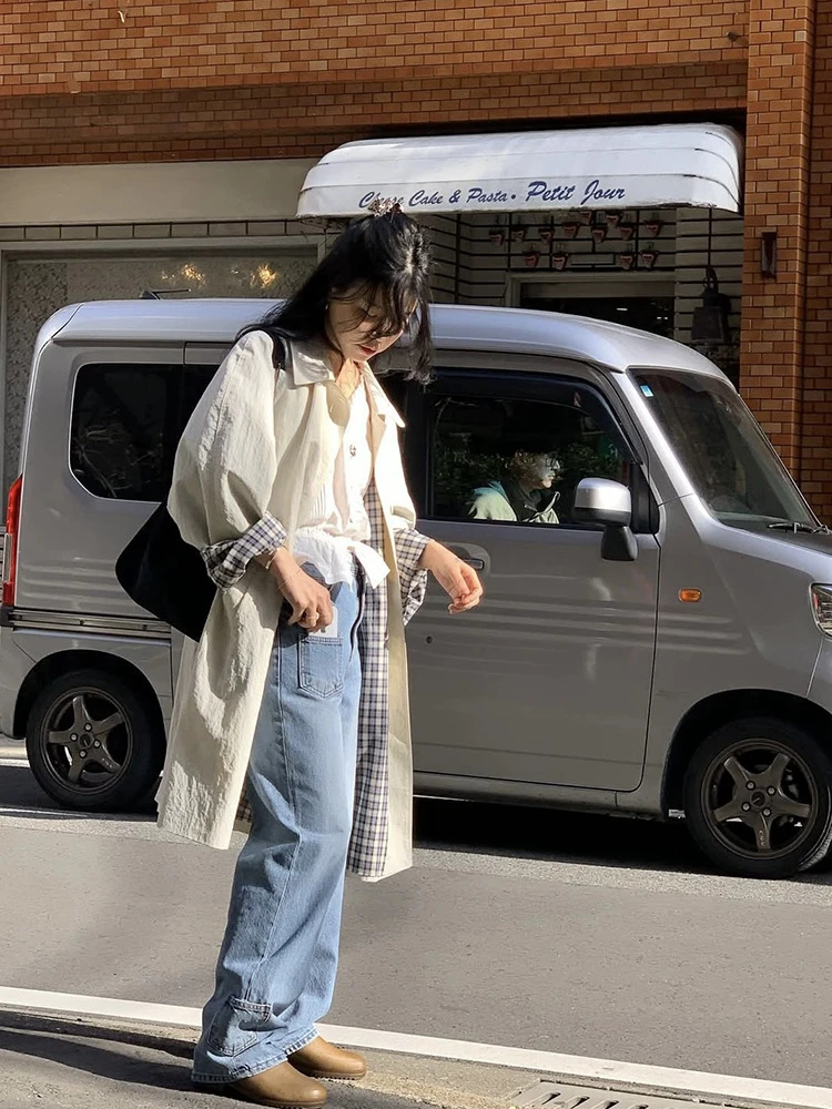 韩系松弛感纯色长款风衣女2025秋季宽松休闲单排扣翻领上衣